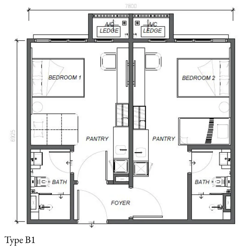 Keeperz Suites B1 户型图——581 平方尺双钥匙,两间各有厨房与浴室的独立单间,槟城牛汝莪