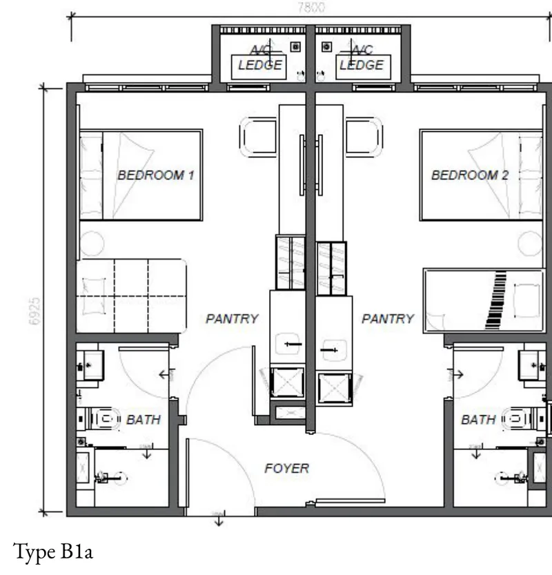Keeperz Suites B1a 户型图——581 平方尺双钥匙变体,槟城牛汝莪