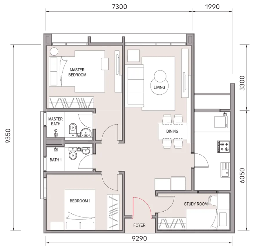 Type A floor plan 865 sq ft two plus one bedroom at Kingfisher Inanam, Inanam, Kota Kinabalu, Sabah