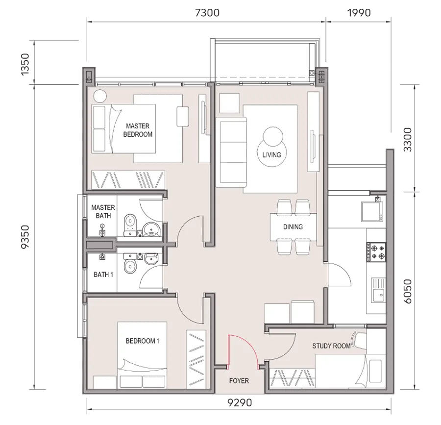 Type A1 floor plan 905 sq ft upper floors at Kingfisher Inanam, Inanam, Kota Kinabalu, Sabah