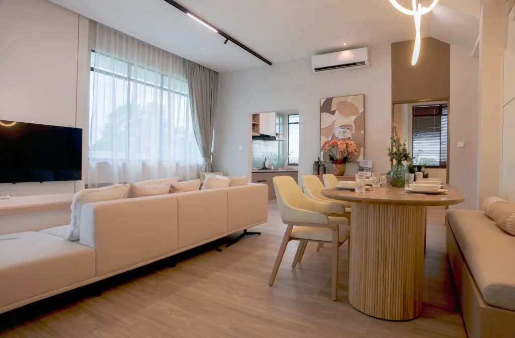 Show house: ground-floor living area from the entrance (developer photo, 2026) at Prima Sumundu, Penampang, Sabah