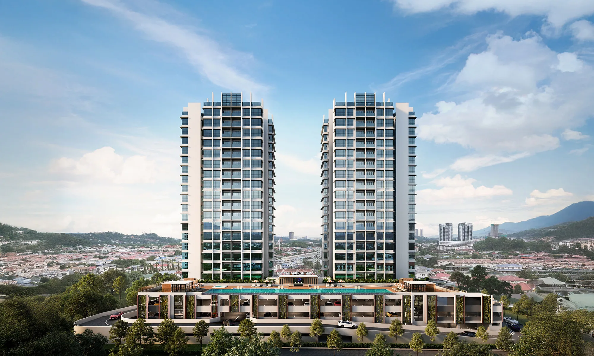 Front façade, artist’s impression at Rise Residences, Kepayan, Penampang, Sabah