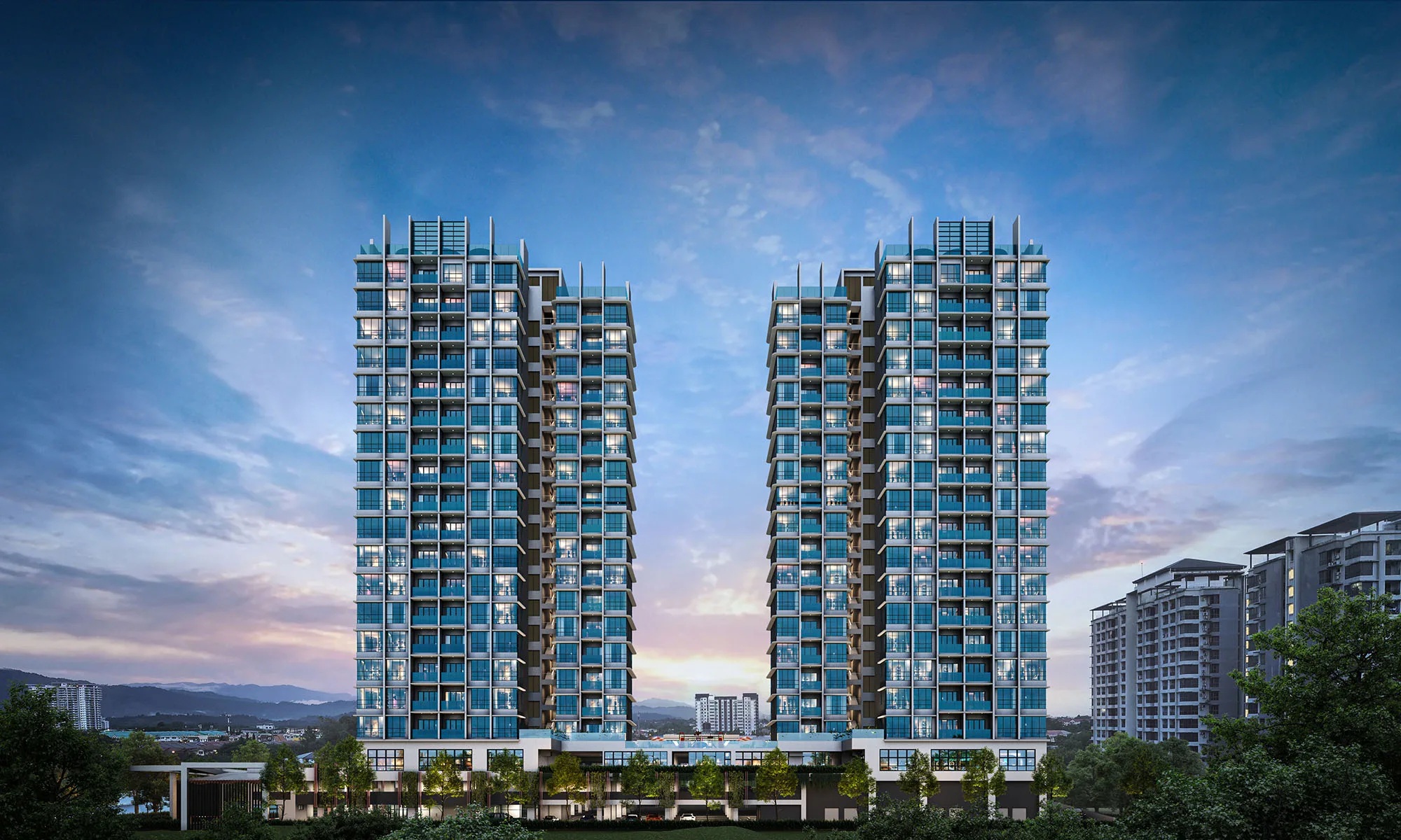 Rear façade, artist’s impression at Rise Residences, Kepayan, Penampang, Sabah