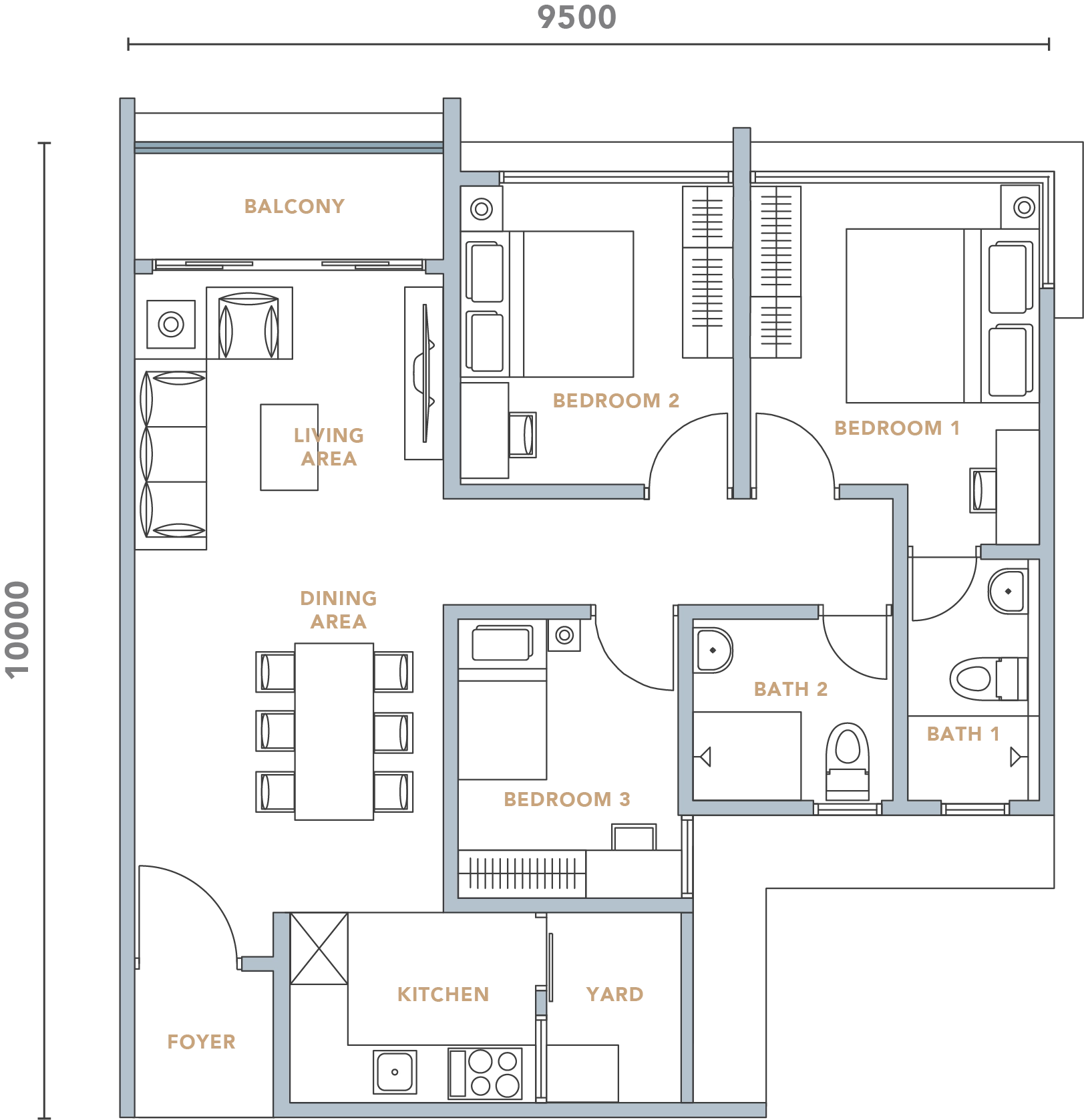 Type A floor plan 879 sq ft three rooms at Rise Residences, Kepayan, Penampang, Sabah