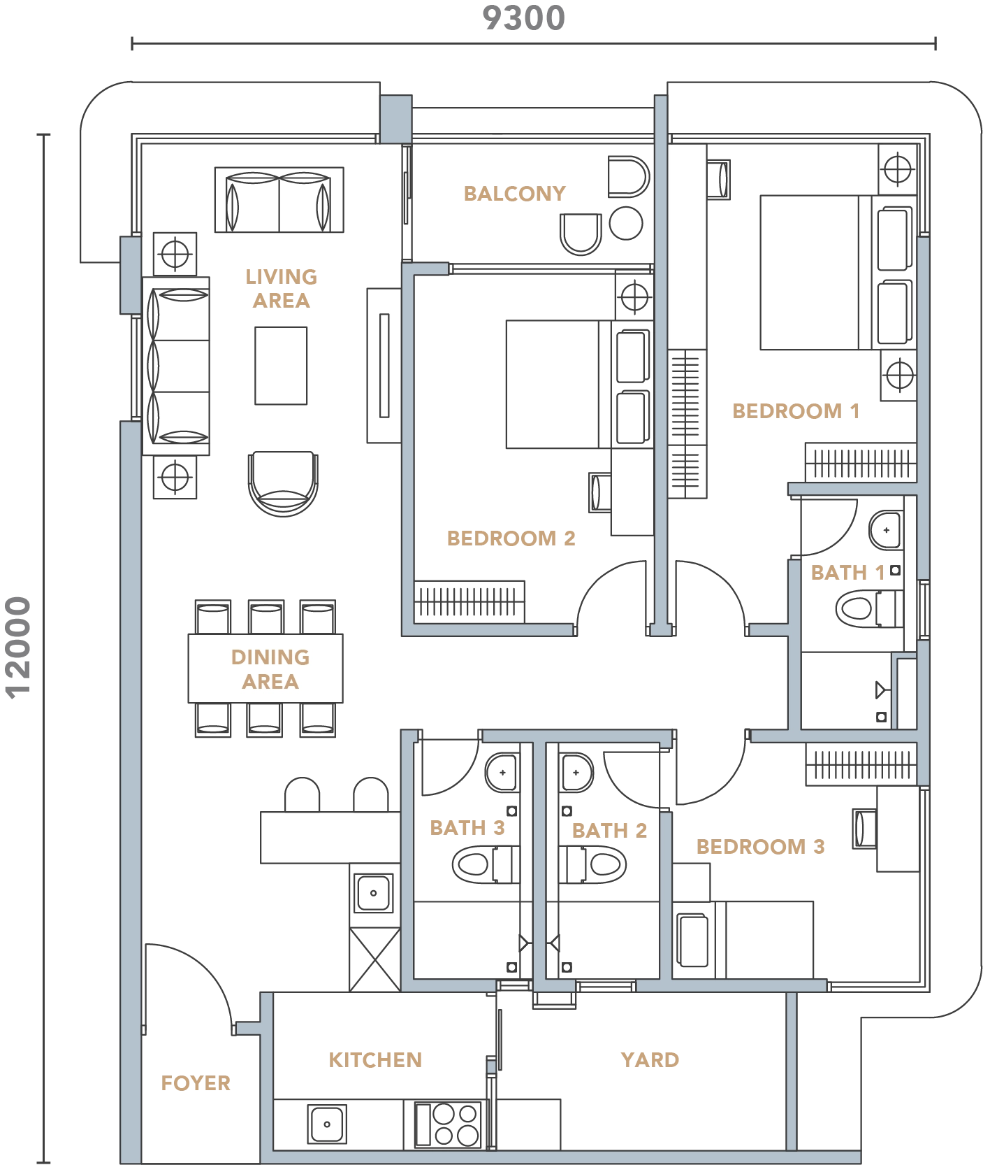 Type B floor plan 1168 sq ft three rooms three baths at Rise Residences, Kepayan, Penampang, Sabah