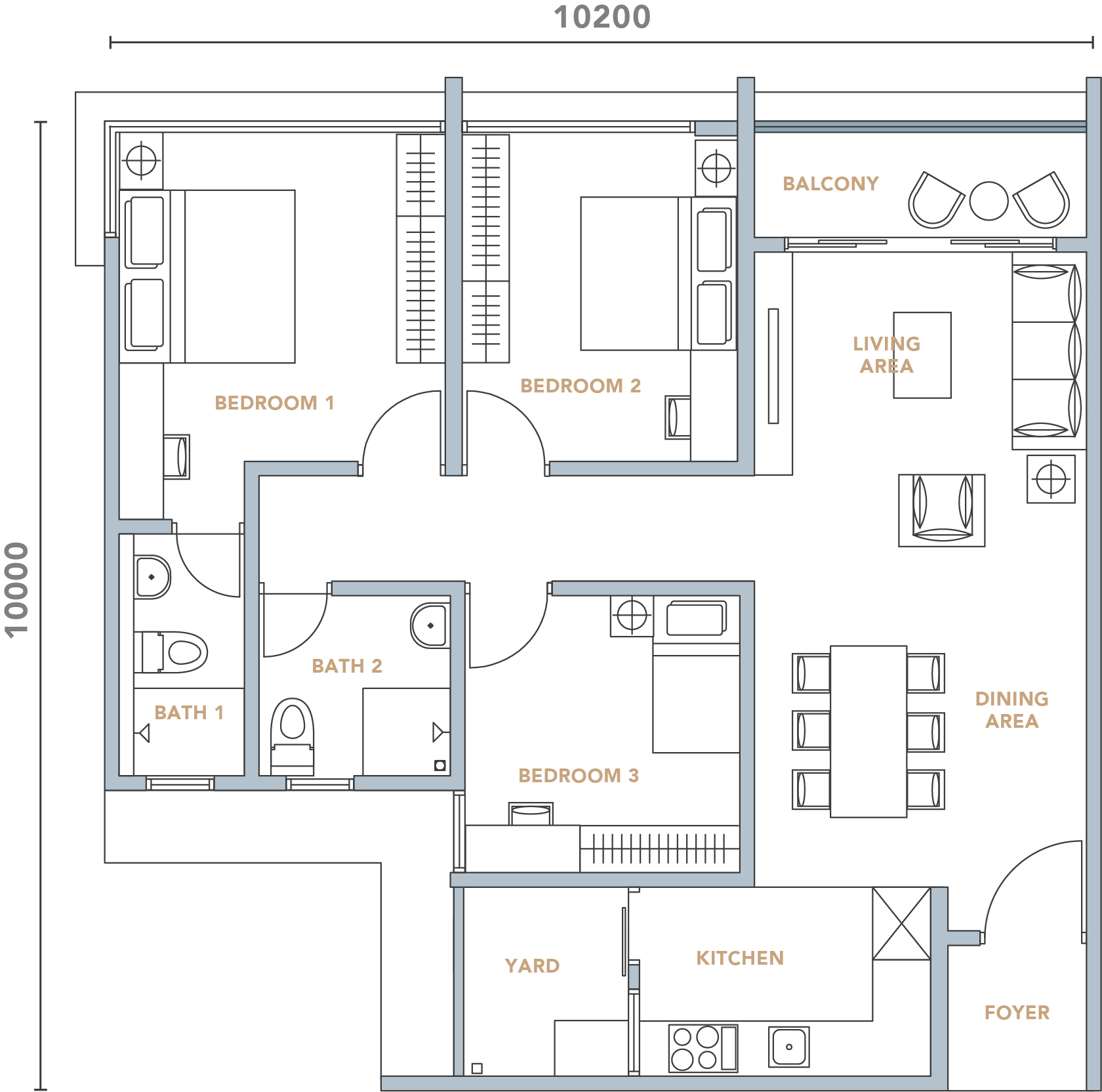Type E floor plan 978 sq ft three rooms at Rise Residences, Kepayan, Penampang, Sabah