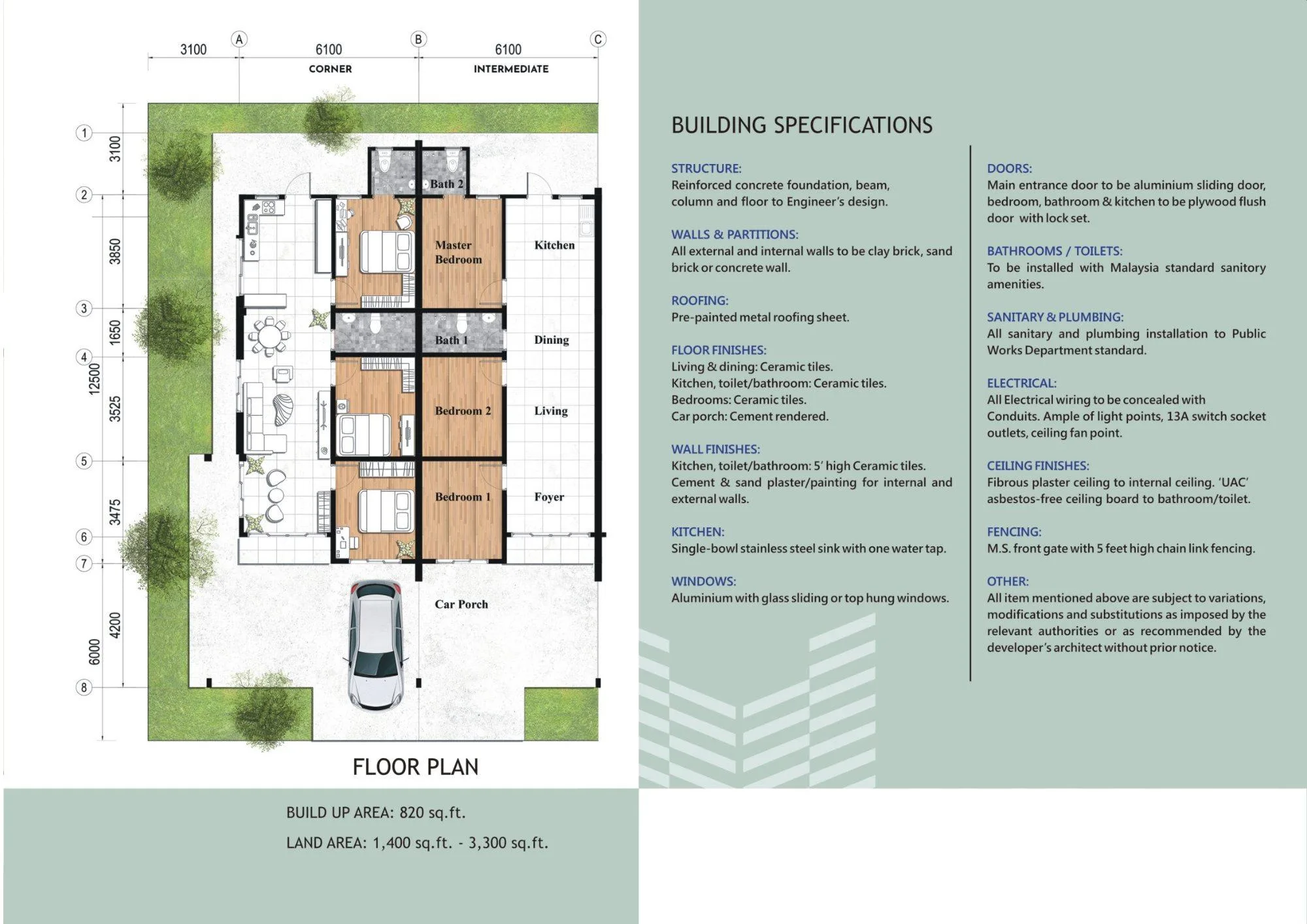 Floor plan and building specifications, from the developer’s brochure at Sri Bayu Park, Kinarut, Papar, Sabah