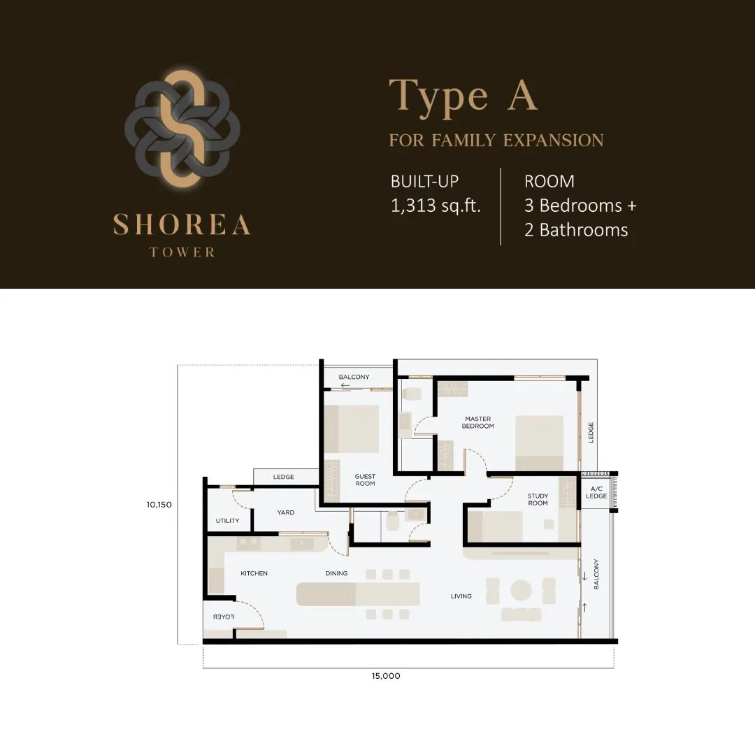 Shorea Type A floor plan, 1,313 sq ft at The Logg Shorea Tower, Luyang, Kota Kinabalu, Sabah