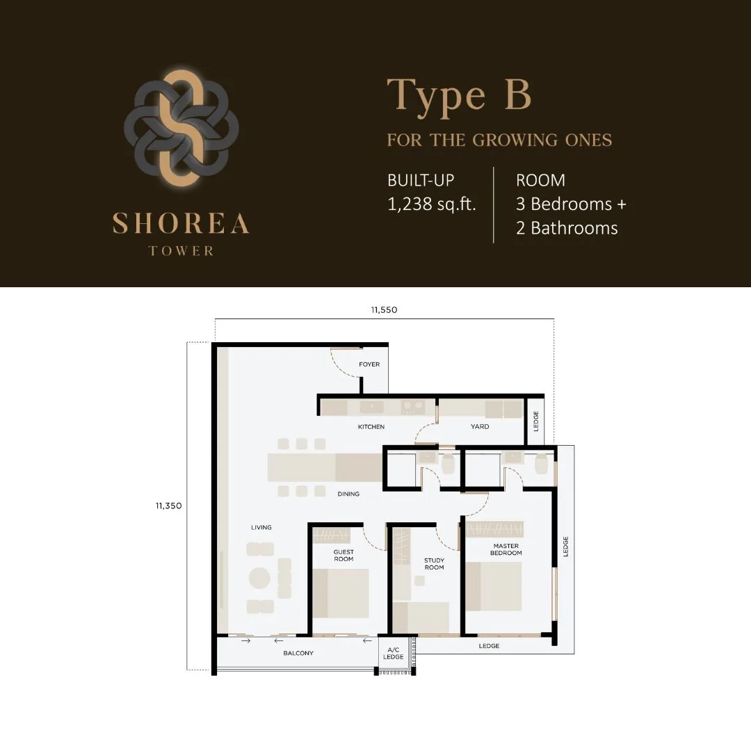 Shorea Type B floor plan, 1,238 sq ft at The Logg Shorea Tower, Luyang, Kota Kinabalu, Sabah