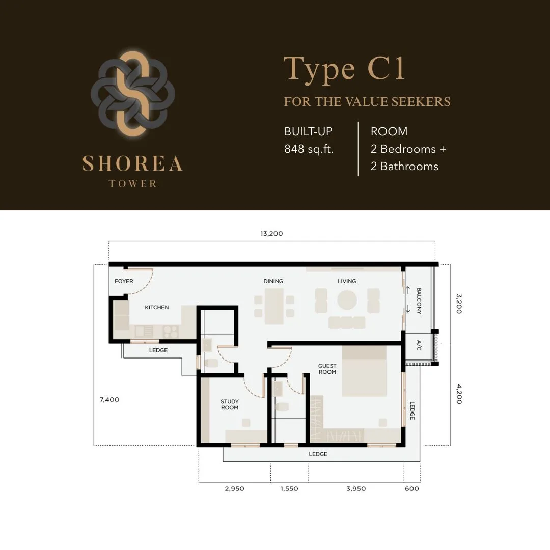 Shorea Type C1 floor plan, 848 sq ft at The Logg Shorea Tower, Luyang, Kota Kinabalu, Sabah