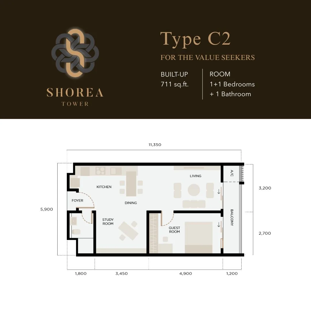 Shorea Type C2 floor plan, 711 sq ft at The Logg Shorea Tower, Luyang, Kota Kinabalu, Sabah