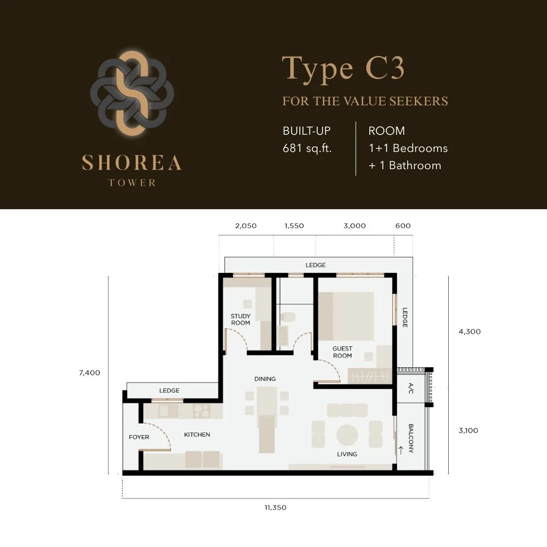 Shorea Type C3 floor plan, 681 sq ft at The Logg Shorea Tower, Luyang, Kota Kinabalu, Sabah