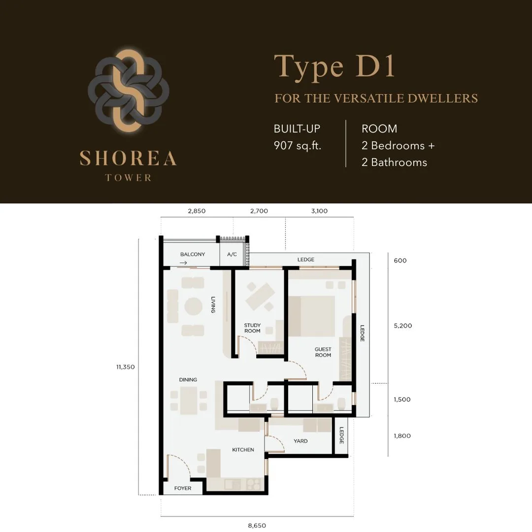 Shorea Type D1 floor plan, 907 sq ft at The Logg Shorea Tower, Luyang, Kota Kinabalu, Sabah