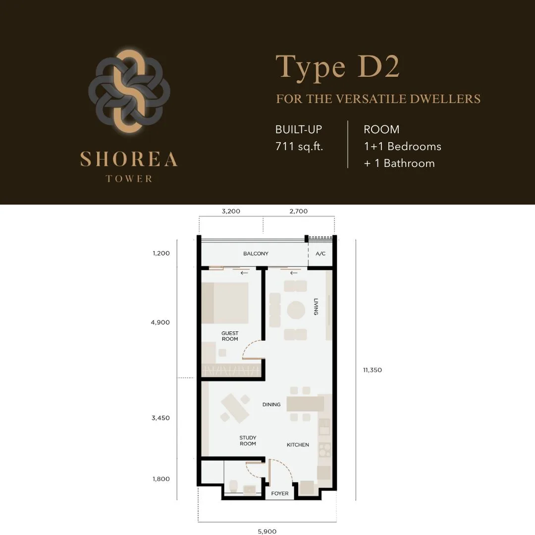 Shorea Type D2 floor plan, 711 sq ft at The Logg Shorea Tower, Luyang, Kota Kinabalu, Sabah