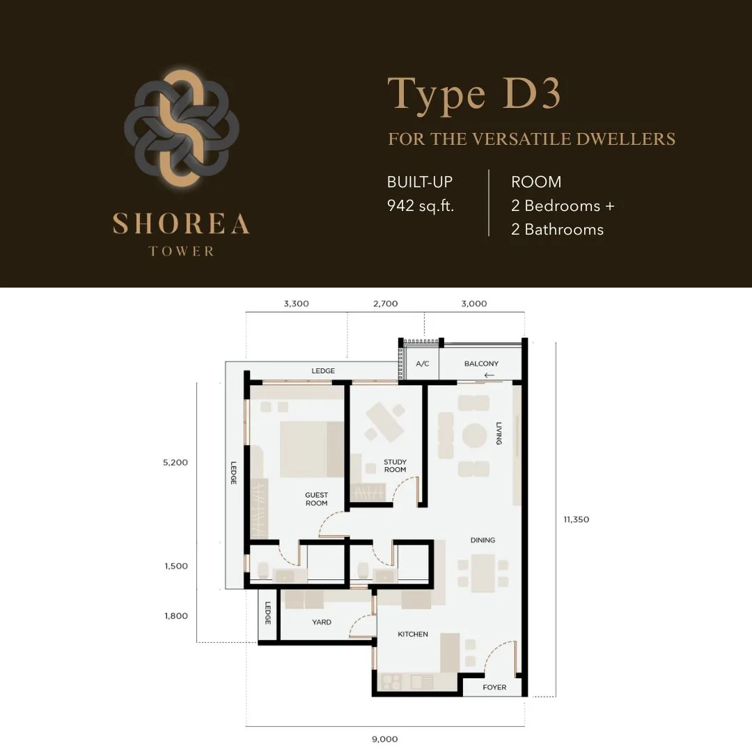 Shorea Type D3 floor plan, 942 sq ft at The Logg Shorea Tower, Luyang, Kota Kinabalu, Sabah