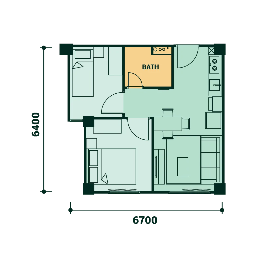 沙巴亚庇工业园(KKIP)Sepanggar V21 Residence 第一阶段两房 A 型平面图 438 平方尺