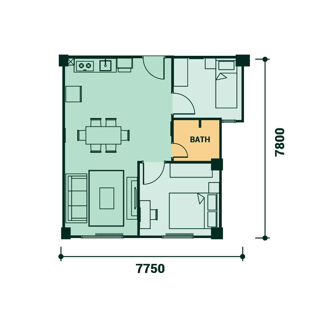 沙巴亚庇工业园(KKIP)Sepanggar V21 Residence 第一阶段两房 B 型平面图 600 平方尺