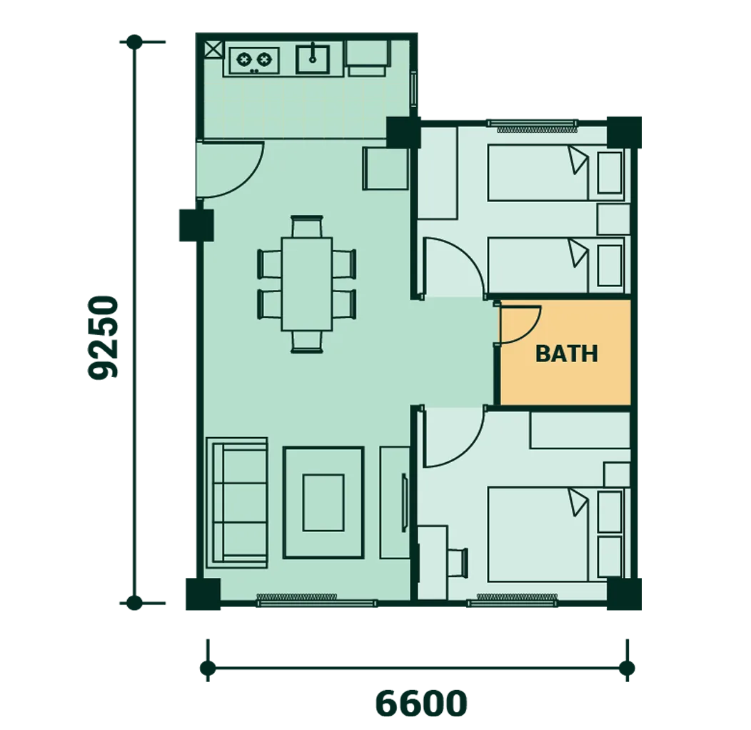 沙巴亚庇工业园(KKIP)Sepanggar V21 Residence 第一阶段两房 C 型平面图 607 平方尺