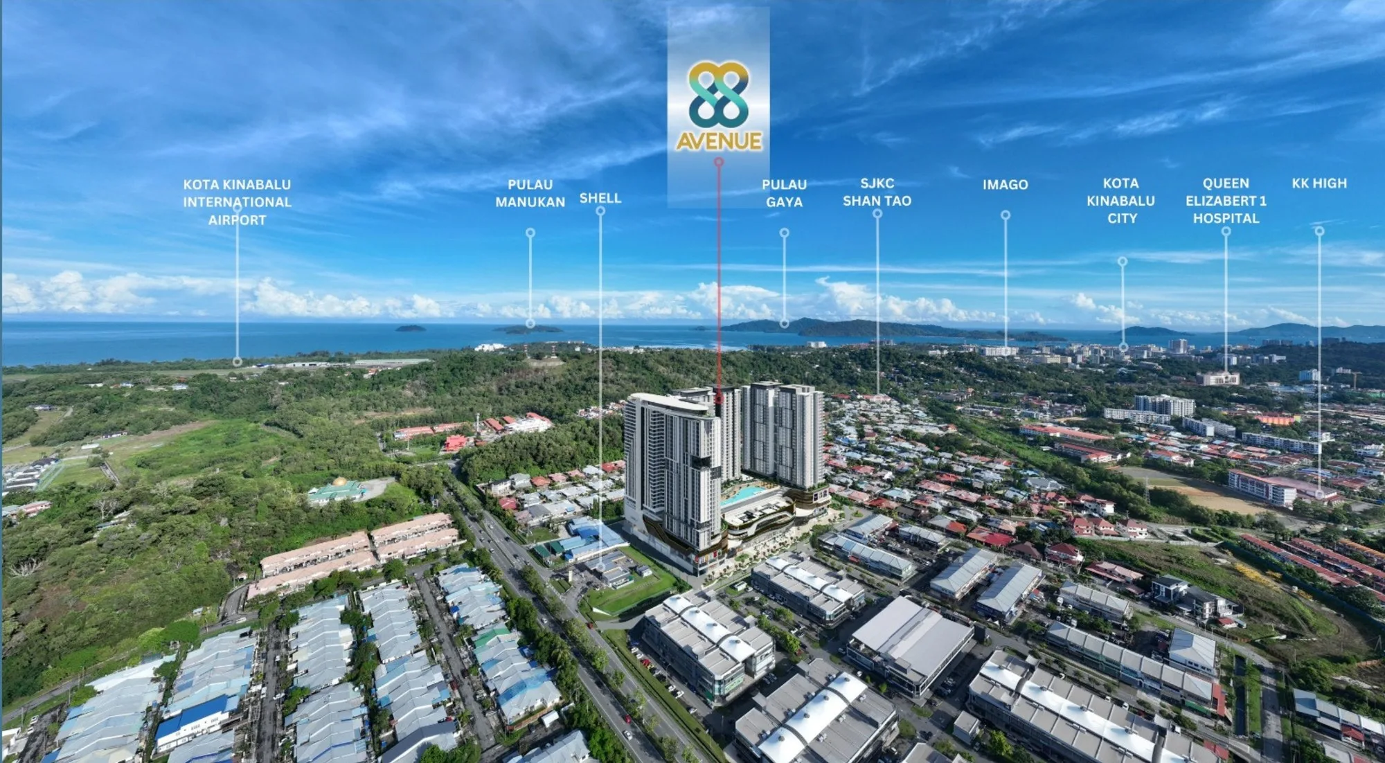 Aerial view with 88 Avenue drawn in and the airport, islands, city centre and nearby schools labelled, from the developer’s brochure at 88 Avenue, Kepayan, Kota Kinabalu, Sabah