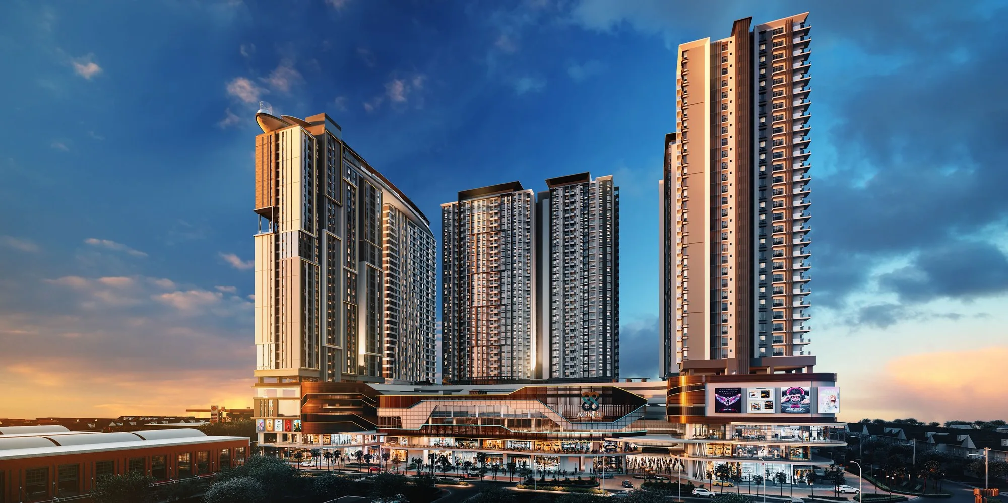 Artist’s impression of 88 Avenue at dusk: the towers above the mall podium, from the developer’s brochure at 88 Avenue, Kepayan, Kota Kinabalu, Sabah