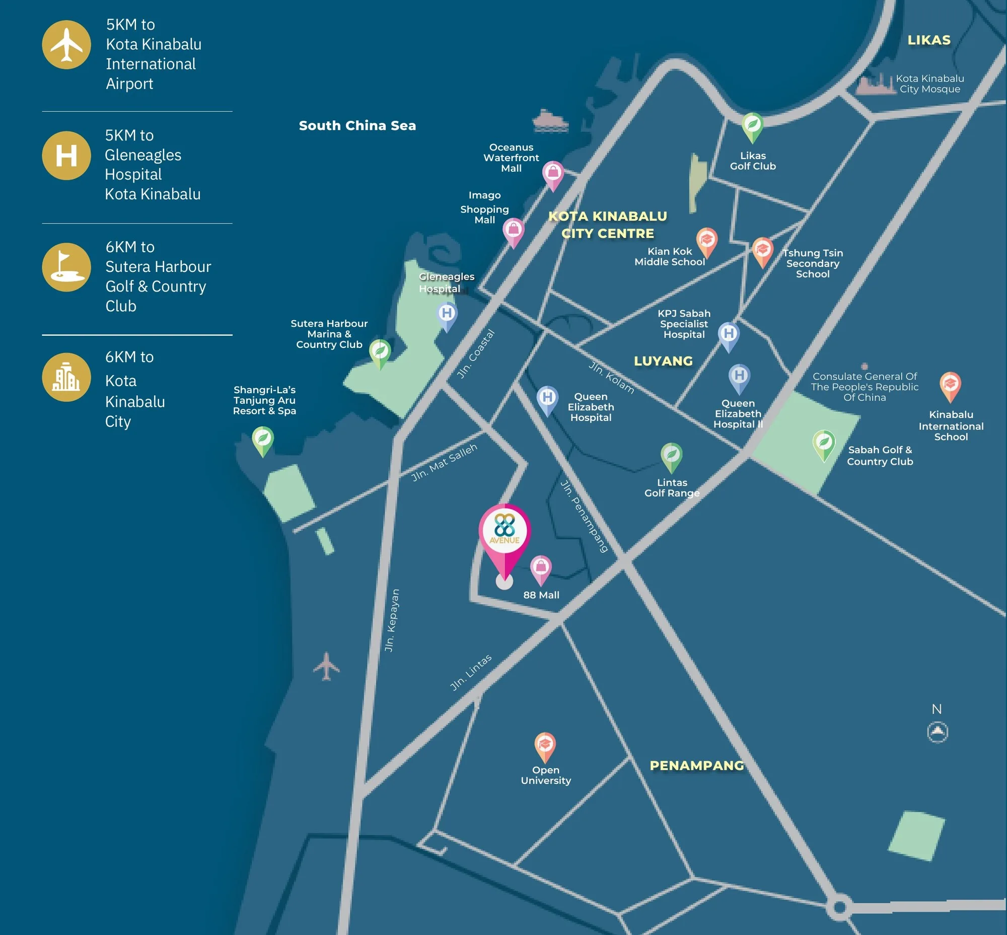Developer location map: 5 km to the airport, 5 km to Gleneagles Hospital, 6 km to Sutera Harbour and 6 km to the city, from the developer’s brochure at 88 Avenue, Kepayan, Kota Kinabalu, Sabah