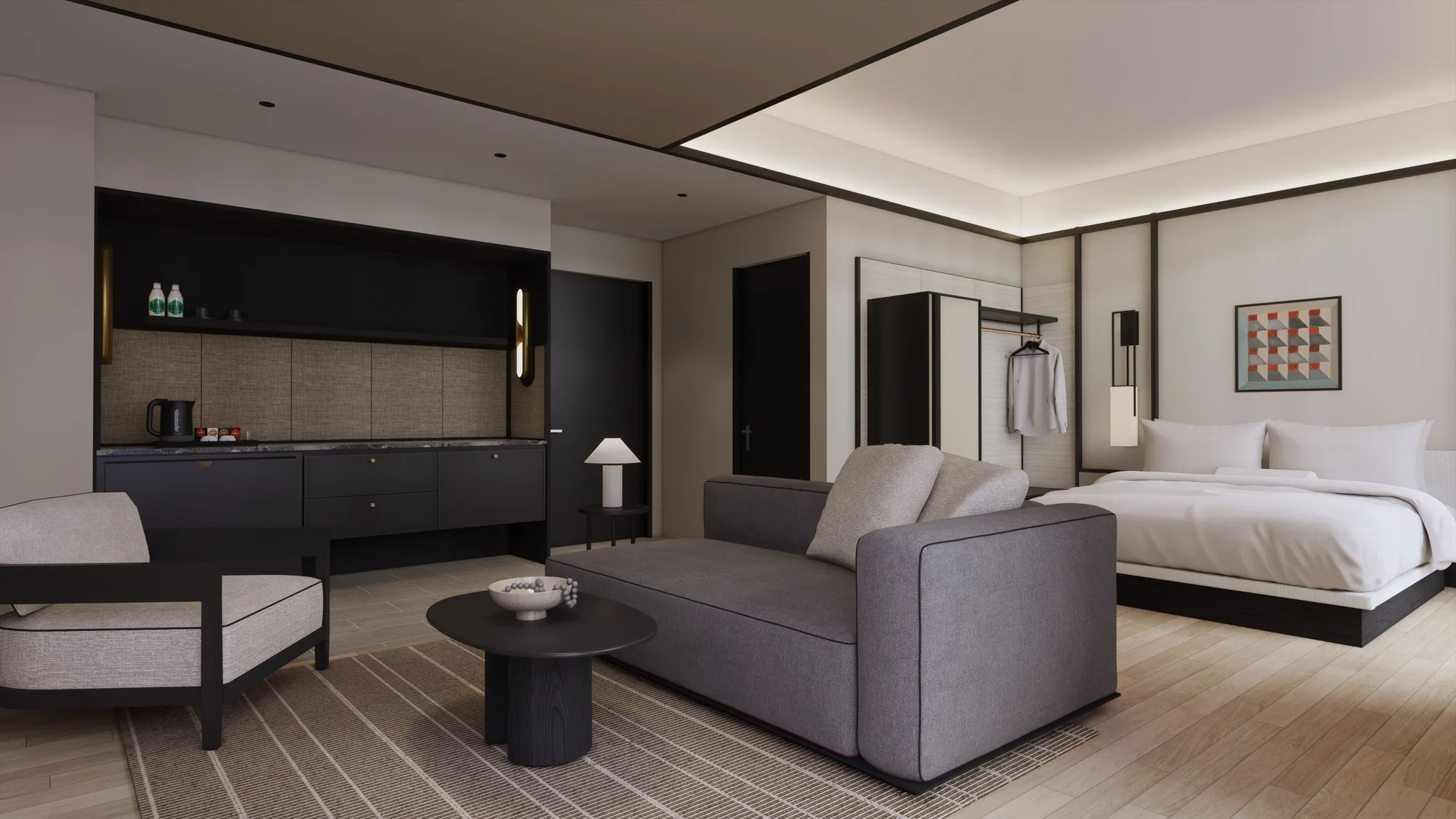 Artist’s impression of a Ramada hotel room, shown with the Type S5 layout in the hotel brochure at 88 Avenue, Kepayan, Kota Kinabalu, Sabah