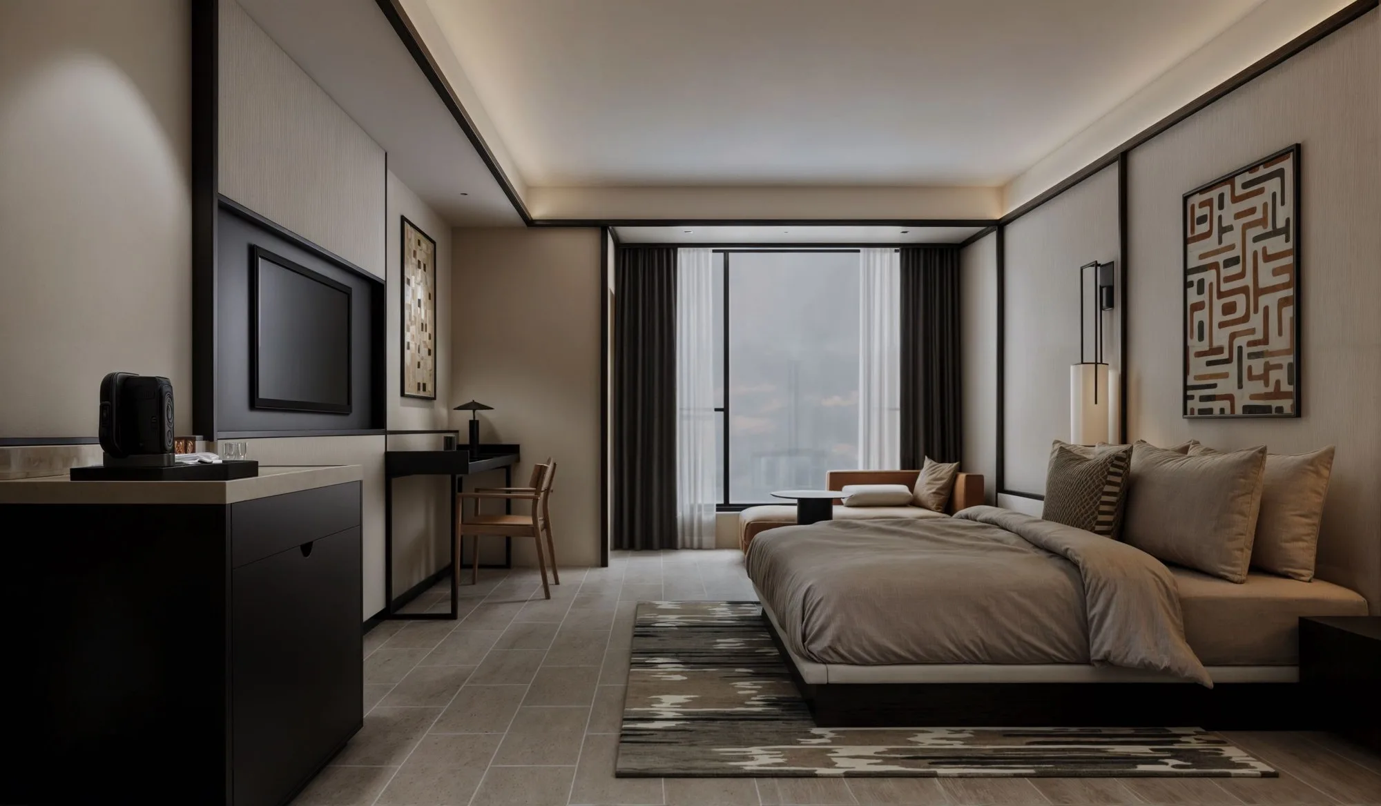 Artist’s impression of a Ramada hotel room, shown with the Type S8 layout in the hotel brochure at 88 Avenue, Kepayan, Kota Kinabalu, Sabah