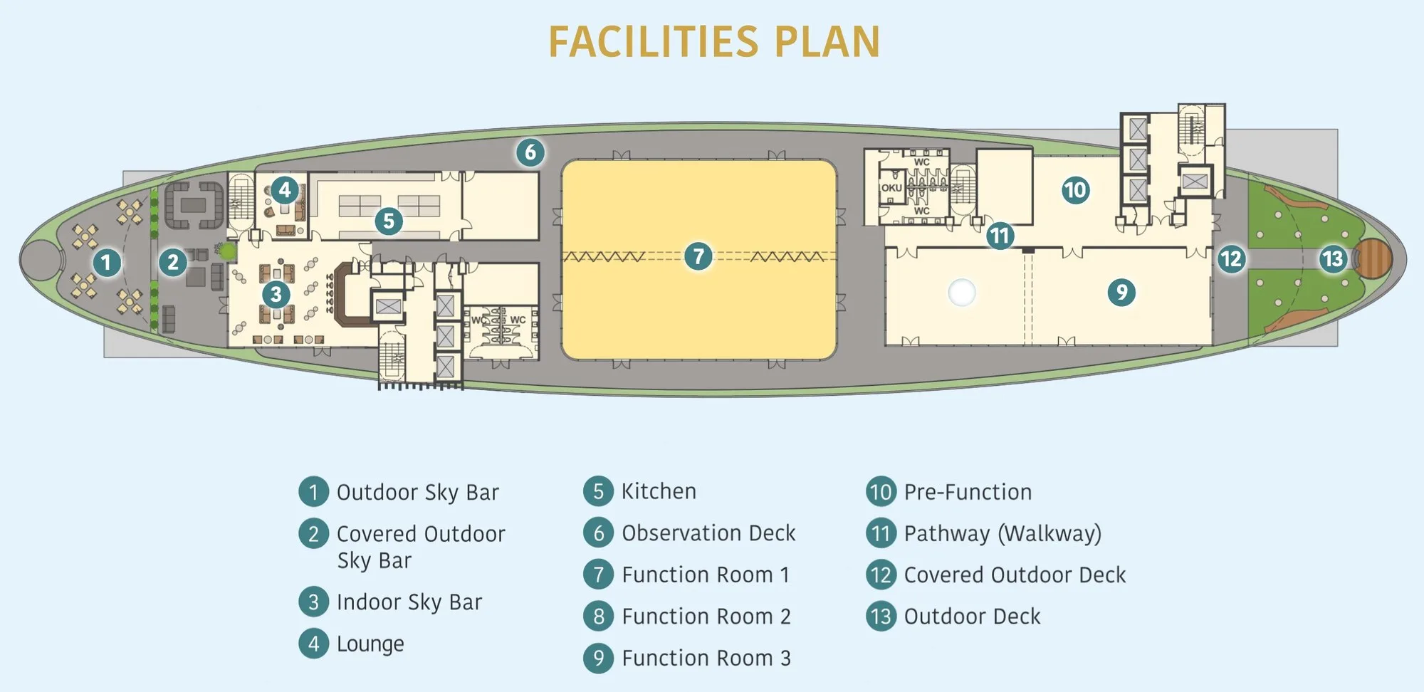 Rooftop facilities plan: sky bars, lounge, observation deck, three function rooms and outdoor decks, from the developer’s brochure at 88 Avenue, Kepayan, Kota Kinabalu, Sabah
