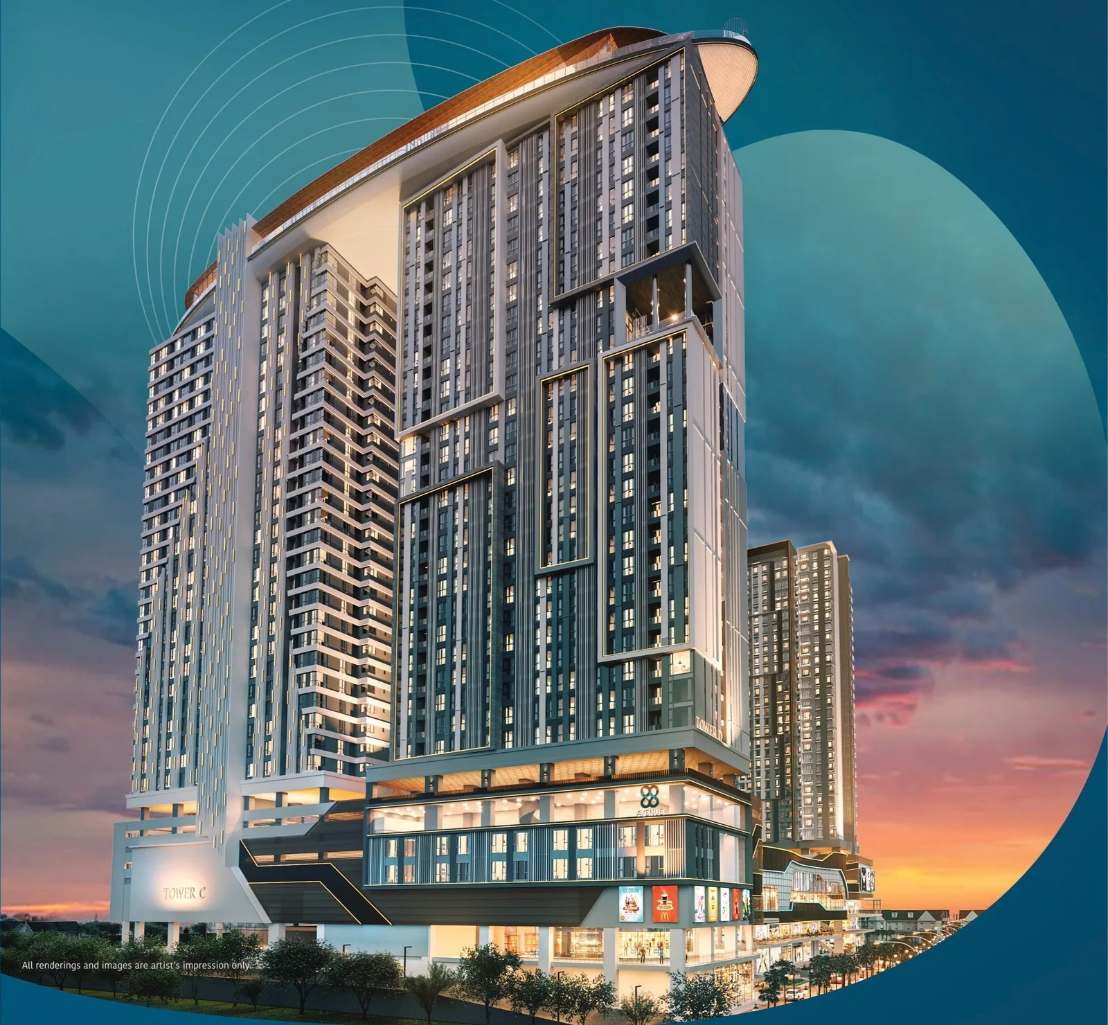 Artist’s impression of the serviced-suite Towers C and D with the rooftop deck, from the developer’s brochure at 88 Avenue, Kepayan, Kota Kinabalu, Sabah