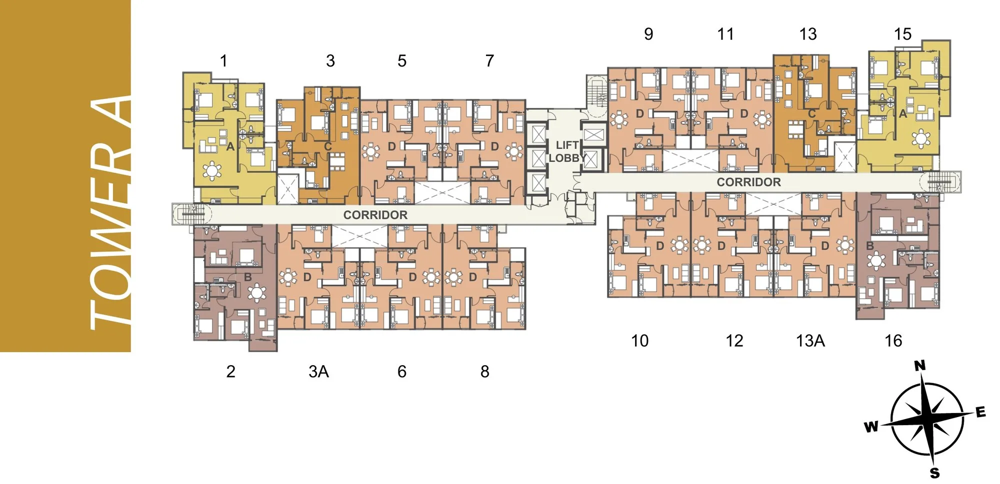 Tower A typical floor plan with 16 units, Types A, B, C and D at 88 Avenue, Kepayan, Kota Kinabalu, Sabah