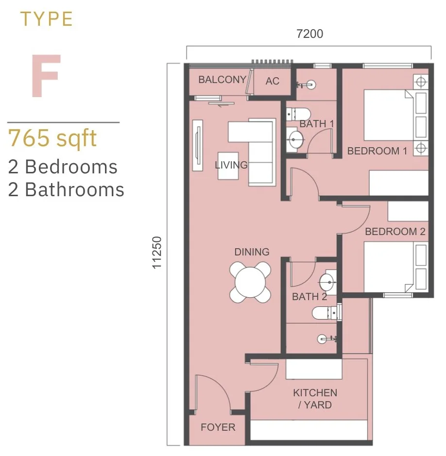 Tower B1 Type F floor plan 765 sq ft two bedroom at 88 Avenue, Kepayan, Kota Kinabalu, Sabah