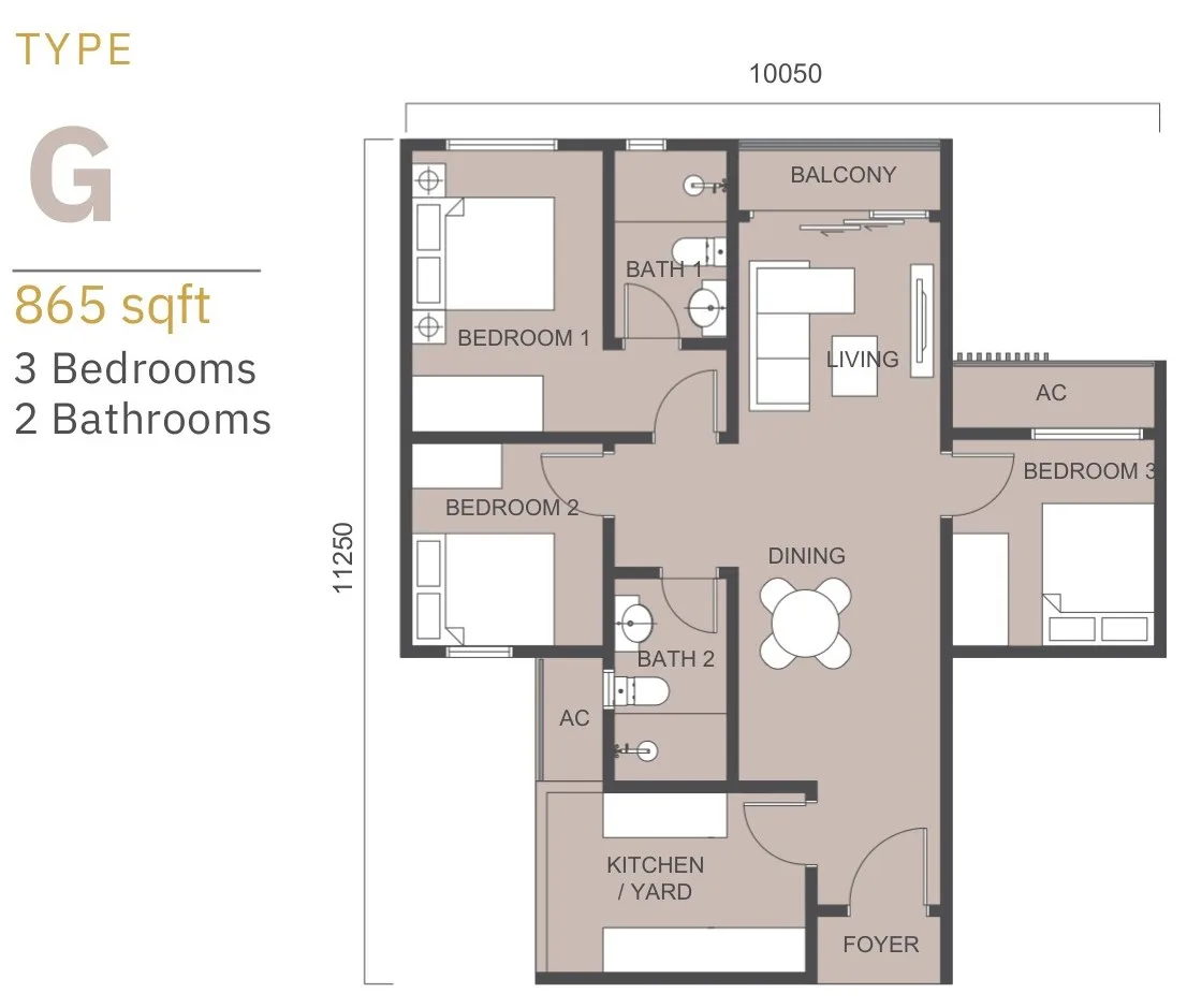 Tower B1 Type G floor plan 865 sq ft three bedroom at 88 Avenue, Kepayan, Kota Kinabalu, Sabah