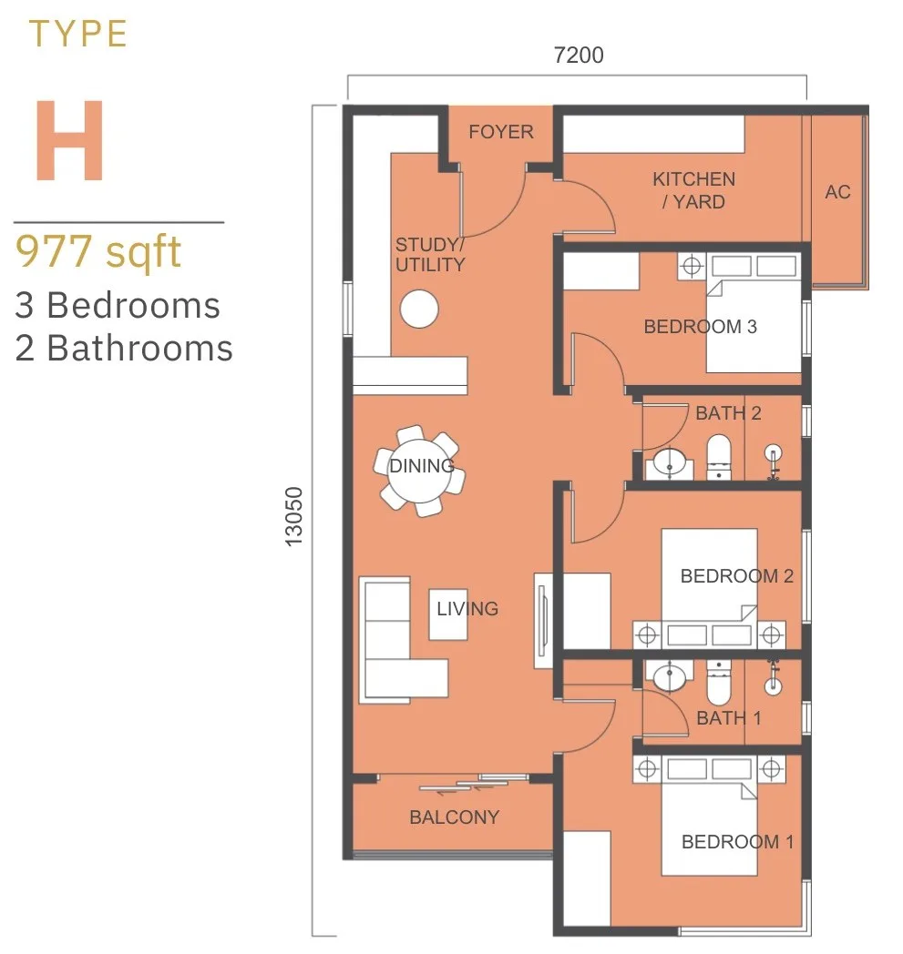 Tower B1 Type H floor plan 977 sq ft three bedroom with study at 88 Avenue, Kepayan, Kota Kinabalu, Sabah