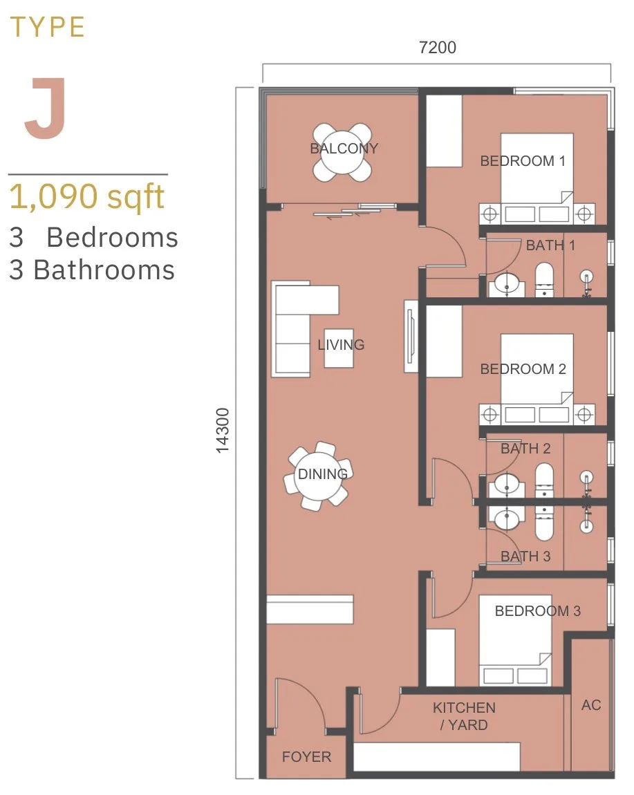 Tower B1 Type J floor plan 1090 sq ft three bedroom at 88 Avenue, Kepayan, Kota Kinabalu, Sabah