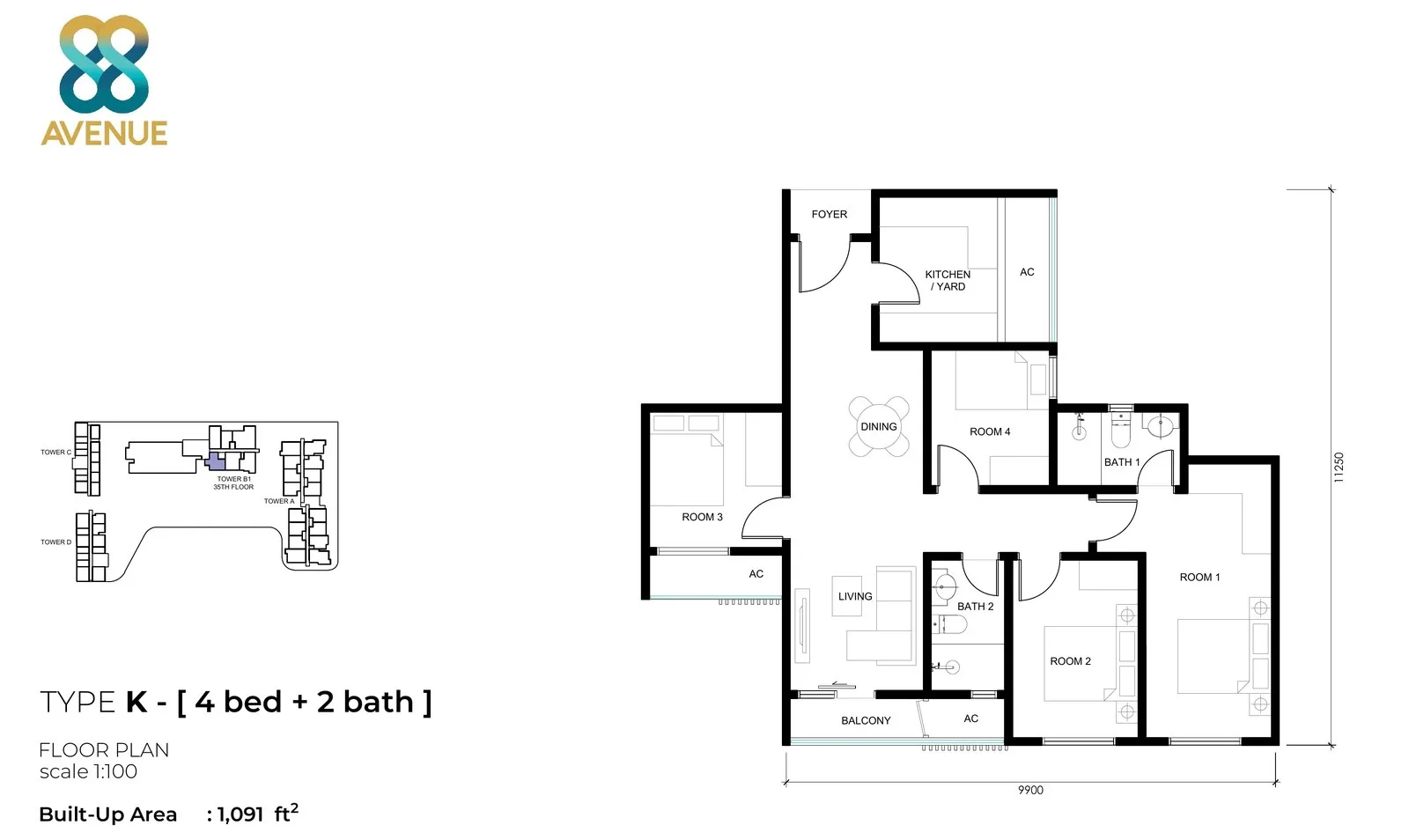 Tower B1 Type K floor plan 1091 sq ft four bedroom 35th floor at 88 Avenue, Kepayan, Kota Kinabalu, Sabah