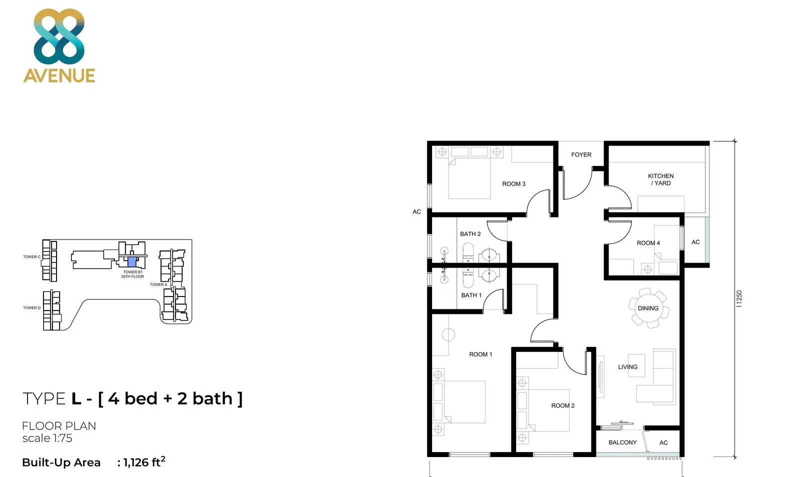 Tower B1 Type L floor plan 1126 sq ft four bedroom 35th floor at 88 Avenue, Kepayan, Kota Kinabalu, Sabah