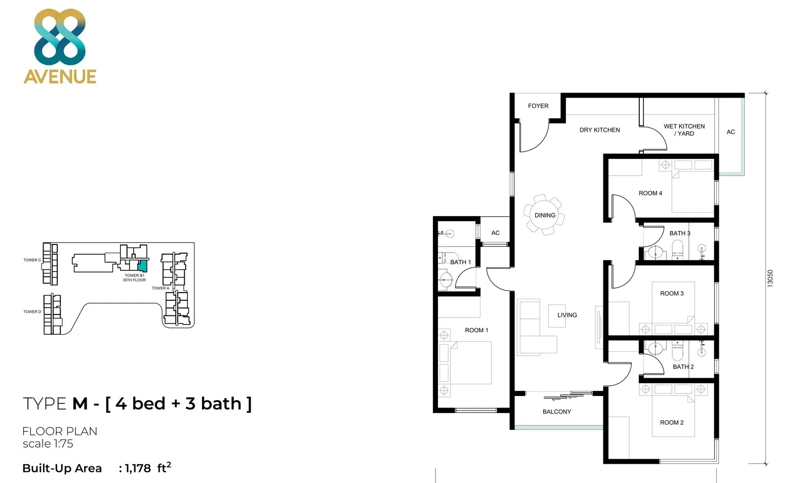 Tower B1 Type M floor plan 1178 sq ft four bedroom 35th floor at 88 Avenue, Kepayan, Kota Kinabalu, Sabah