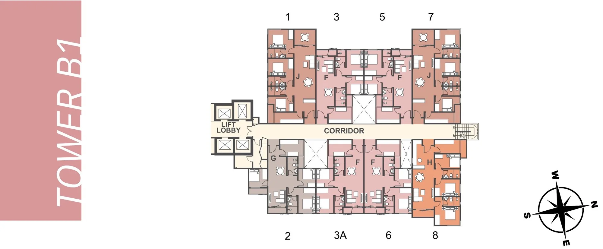 Tower B1 typical floor plan with 8 units, Types F, G, H and J at 88 Avenue, Kepayan, Kota Kinabalu, Sabah
