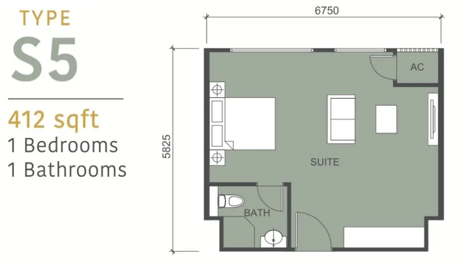 Tower C Type S5 serviced suite floor plan 412 sq ft at 88 Avenue, Kepayan, Kota Kinabalu, Sabah