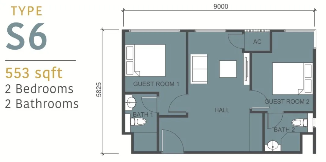Tower C Type S6 serviced suite floor plan 553 sq ft two bedroom at 88 Avenue, Kepayan, Kota Kinabalu, Sabah