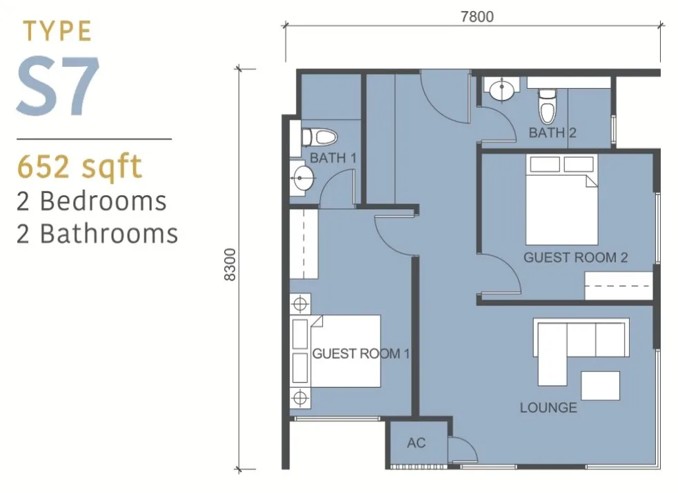 Tower C Type S7 serviced suite floor plan 652 sq ft two bedroom at 88 Avenue, Kepayan, Kota Kinabalu, Sabah