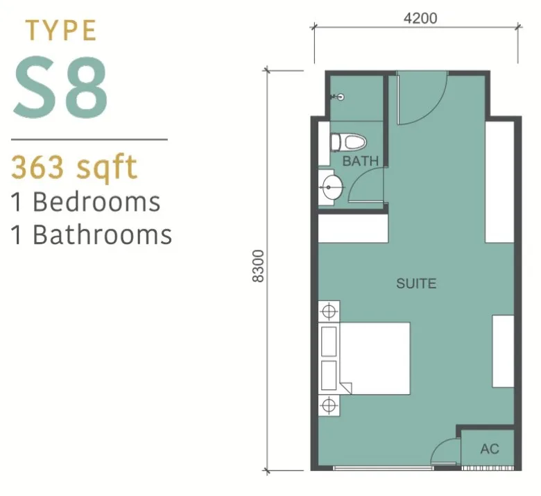 Tower C Type S8 serviced suite floor plan 363 sq ft at 88 Avenue, Kepayan, Kota Kinabalu, Sabah