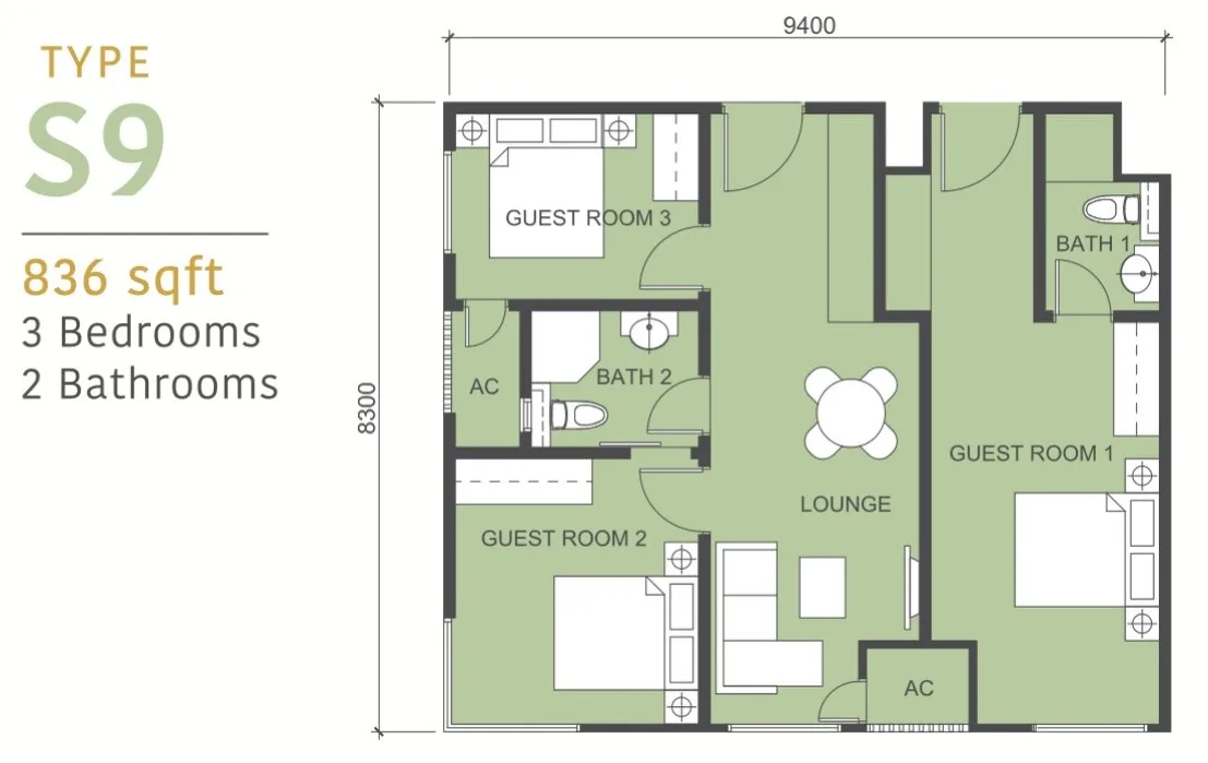 Tower C Type S9 serviced suite floor plan 836 sq ft three bedroom at 88 Avenue, Kepayan, Kota Kinabalu, Sabah