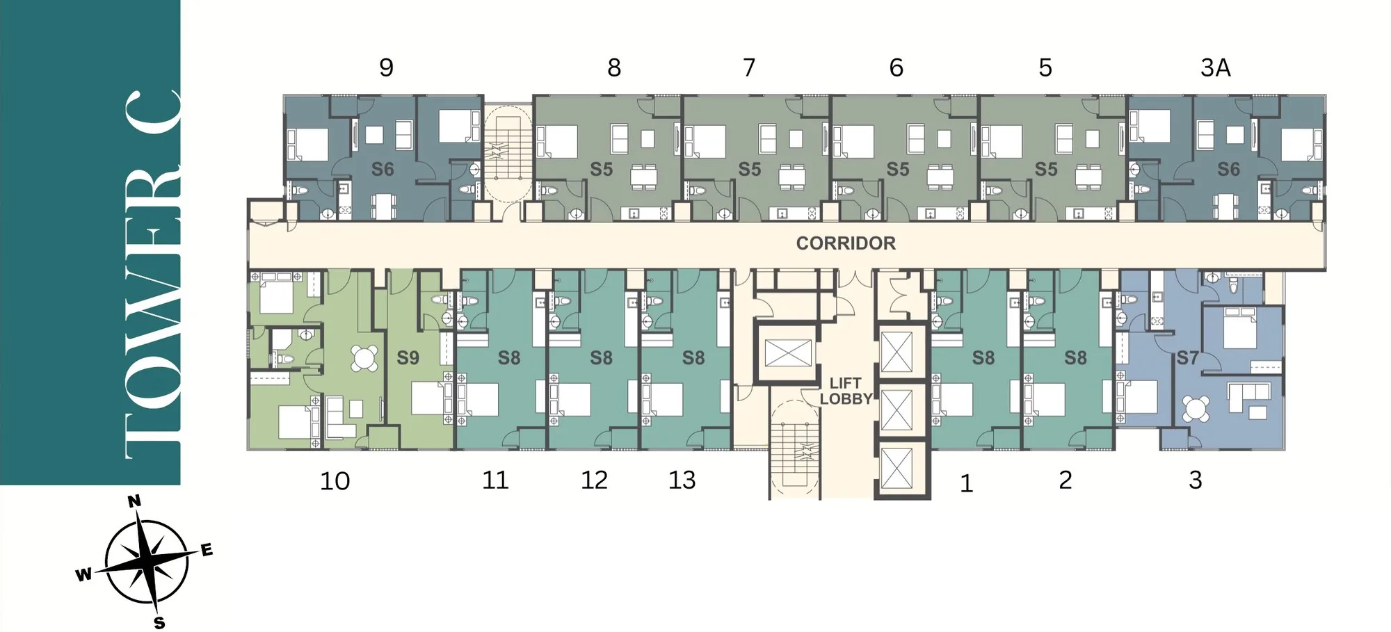 Tower C typical floor plan with 13 serviced suites, Types S5, S6, S7, S8 and S9 at 88 Avenue, Kepayan, Kota Kinabalu, Sabah