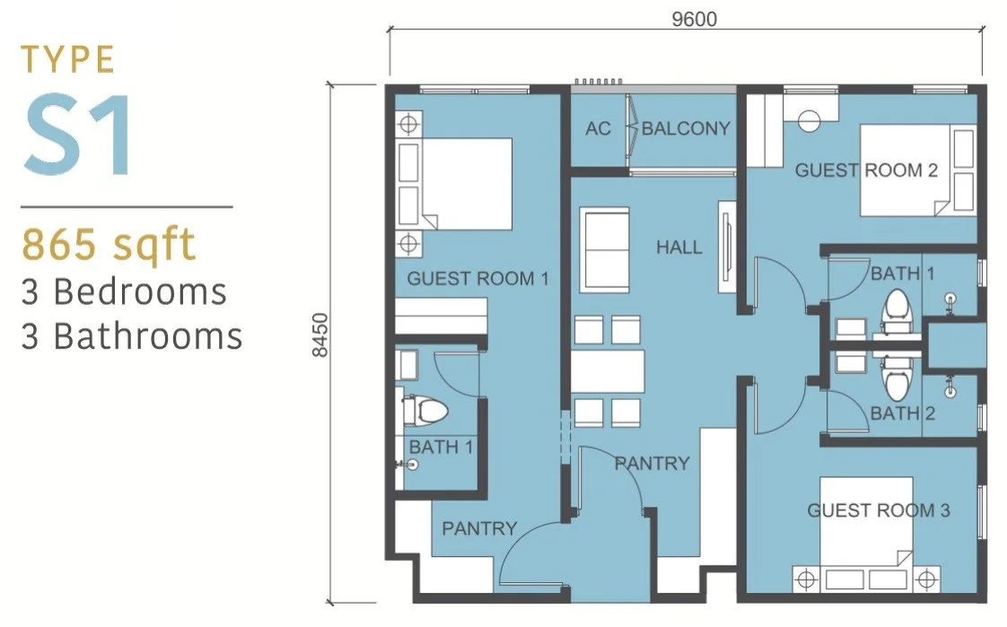 Tower D Type S1 serviced suite floor plan 865 sq ft three bedroom at 88 Avenue, Kepayan, Kota Kinabalu, Sabah