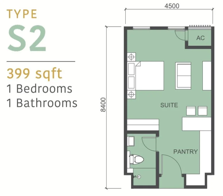 Tower D Type S2 serviced suite floor plan 399 sq ft at 88 Avenue, Kepayan, Kota Kinabalu, Sabah