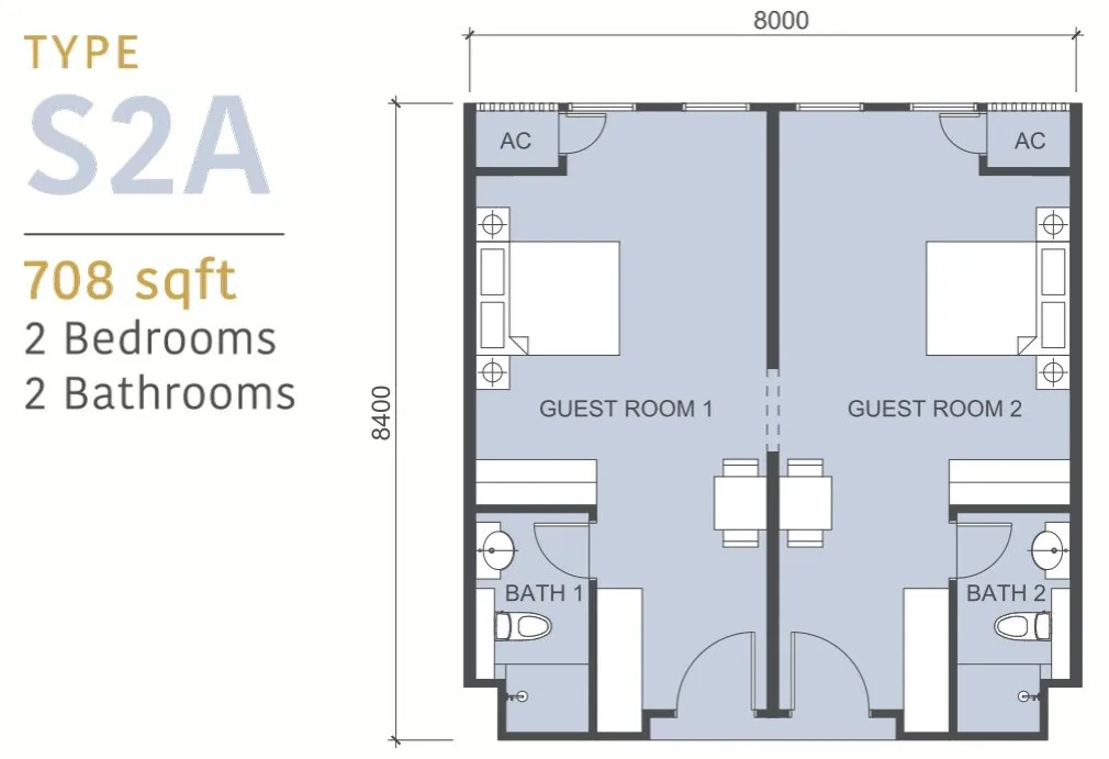 Tower D Type S2A dual key serviced suite floor plan 708 sq ft at 88 Avenue, Kepayan, Kota Kinabalu, Sabah