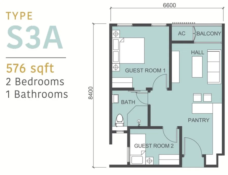 Tower D Type S3A serviced suite floor plan 576 sq ft two bedroom at 88 Avenue, Kepayan, Kota Kinabalu, Sabah