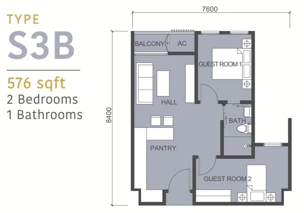 Tower D Type S3B serviced suite floor plan 576 sq ft two bedroom at 88 Avenue, Kepayan, Kota Kinabalu, Sabah