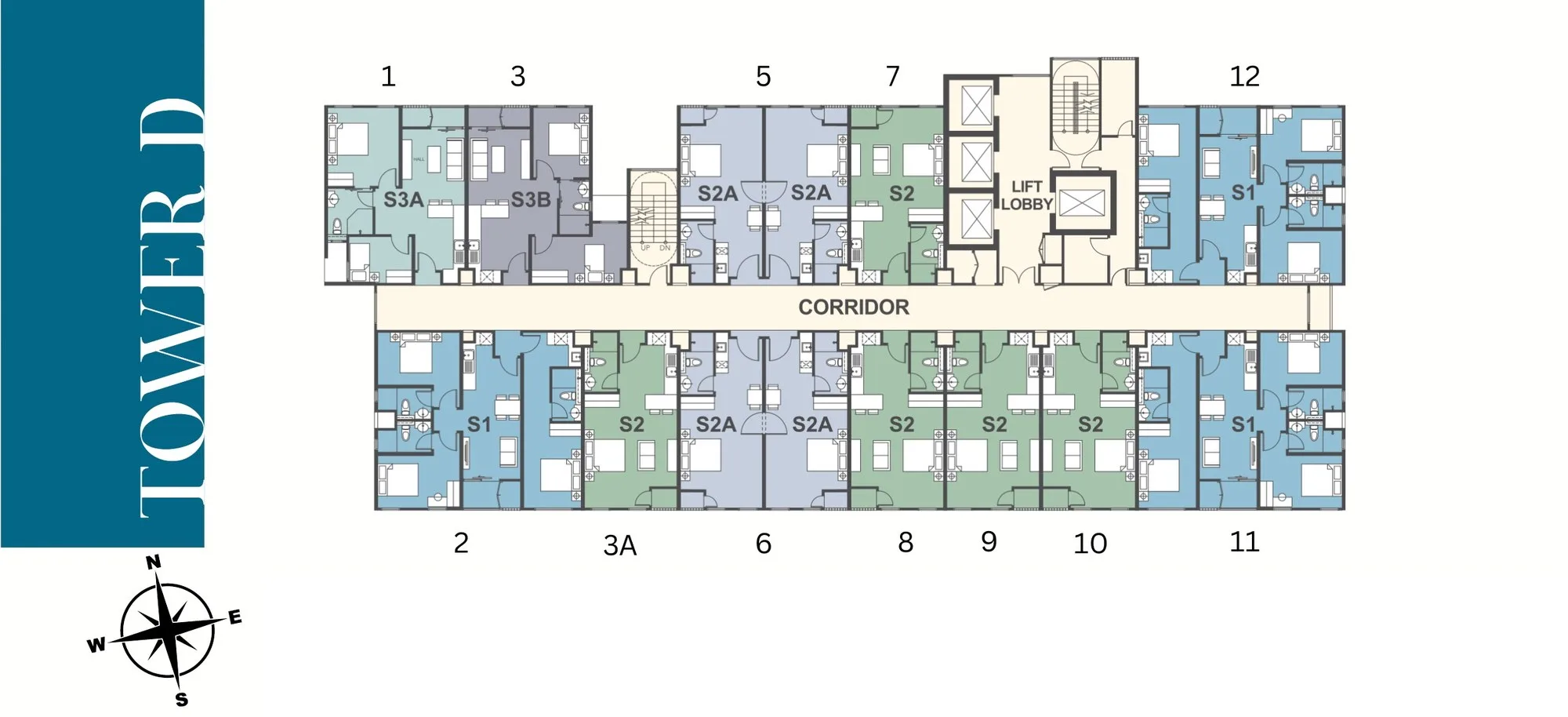 Tower D typical floor plan with 12 serviced suites, Types S1, S2, S2A, S3A and S3B at 88 Avenue, Kepayan, Kota Kinabalu, Sabah